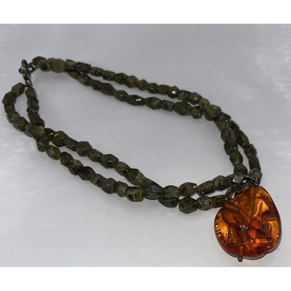 Green Amethyst & Baltic Amber 18" Necklace Sterling Clasp Earthy Natural Rustic - Picture 2 of 6